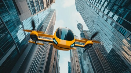 Future of urban air mobility, city air taxi, UAM urban air mobility, Public aerial transportation, Passenger Autonomous Aerial Vehicle AAV in futuristic city
