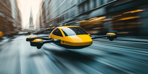 Future of urban air mobility, city air taxi, UAM urban air mobility, Public aerial transportation, Passenger Autonomous Aerial Vehicle AAV in futuristic city