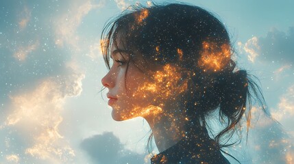 Ethereal Profile of a Person Surrounded by Swirling Galaxies and Cosmic Elements in a Dreamy Atmospheric Setting