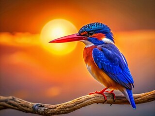 Fototapeta premium Malachite Kingfisher Silhouette - Vibrant Bird Silhouette at Sunset