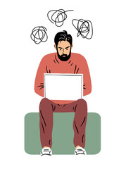 A young man solves a problem on a laptop. Irritation, anger and bad thoughts. Difficulties with computer. Nervous communication on social networks. Vector isolated illustration