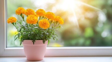 Fototapeta premium Bright yellow marigolds in a pale pink planter, resting on a windowsill with a blurred garden background.