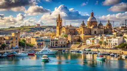 Fototapeta premium Malta Coastal Panorama: Mosta Rotunda & Mediterranean Sea, Marsaxlokk, January 2020