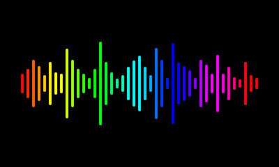 rainbow colored graphic equalizer, colorful sound wave on black background, amplifier frequency levels illustration, audio volume indicator vector illustration