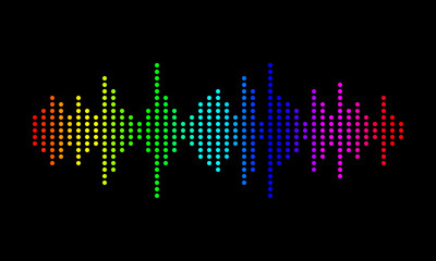 rainbow colored graphic equalizer, colorful sound wave on black background, amplifier frequency levels illustration, audio volume indicator vector illustration