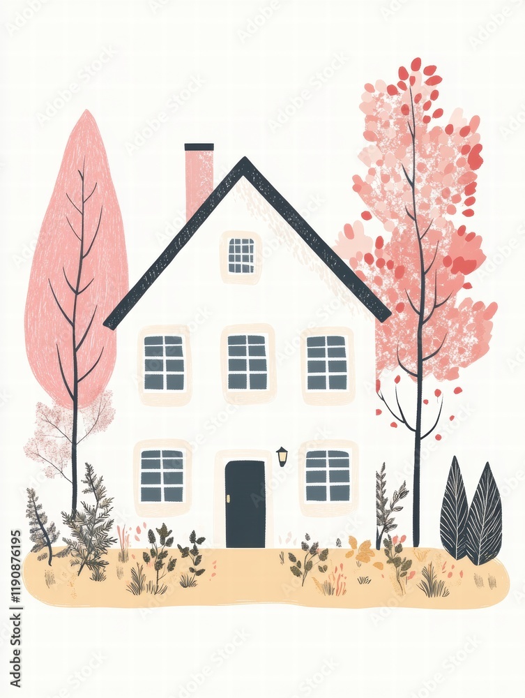 Poster silhouette of a cozy house in a warm garden surrounded by colorful trees during autumn. generative a