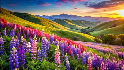 Fototapeta premium Marin County Wildflower Hills: Lupine and Vetch in Bloom - Tilt-Shift Photography