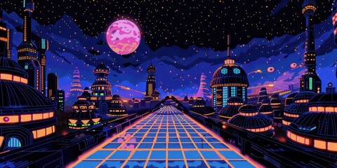 Obraz premium A vibrant, futuristic cityscape under a starry sky with a large moon, featuring neon lights and structures.
