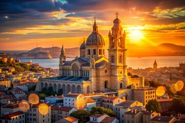 Obraz premium Marseille Notre-Dame-de-la-Garde Basilica Aerial View with Bokeh, Southern France