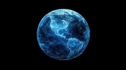 Obraz premium Abstract digital planet Earth with a global network and connectivity concept made of glowing dots, lines, or connections on a black background, blue frosted glass acrylic material.
