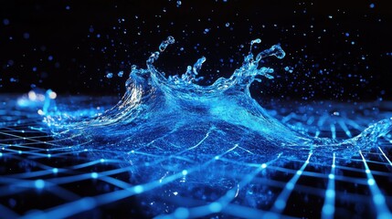Abstract image featuring a dynamic blue water splash over a grid, conveying concepts of fluidity and connectivity