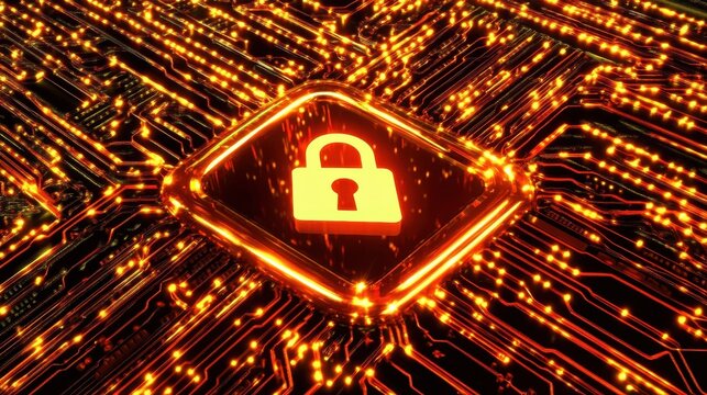 Conceptual image of a secure digital network with a central lock icon
