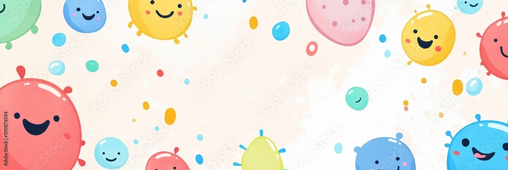 Poster smiling cartoon microbes playfully float in a colorful background showcasing their charming personal