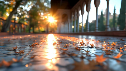 Obraz premium Autumn sunset illuminating a tiled pathway in a Spanish historical garden; sun rays reflect on the ground, leaves scattered; ideal for travel, nature, and autumnal themes