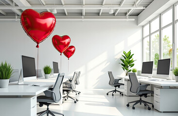 Office is open space decorated with red balloons in shape of heart for Valentines Day, workplaces with computers, potted plants. Corporate party, holiday, employee greetings.