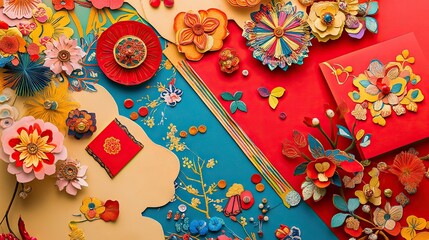 Obraz premium A display of handmade Chinese New Year crafts, featuring hand-cut paper designs, red envelopes, and small embroidered ornaments, set against a festive background.
