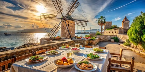 Fototapeta premium Medieval Windmill, Paseo Maritimo, Palma de Mallorca, Spain: Delicious Food Photography