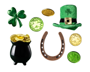 Set of design elements for St Patrick day on transparent background. St Patrick holiday elements such as shamrock, leprechaun hat, golden coins and horseshoe for design. St Patrick party decoration