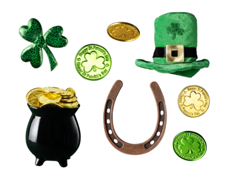 Set of design elements for St Patrick day on transparent background. St Patrick holiday elements such as shamrock, leprechaun hat, golden coins and horseshoe for design. St Patrick party decoration