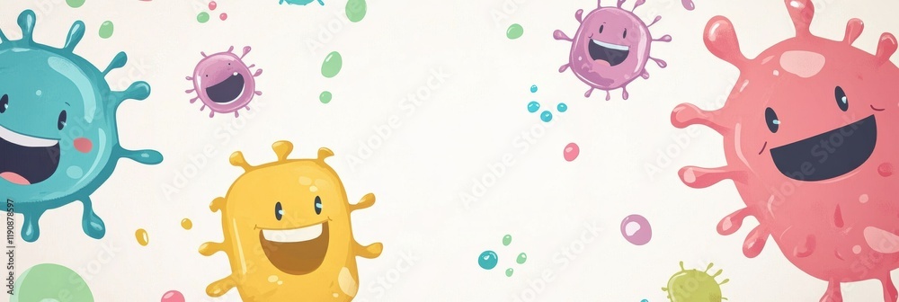 Poster smiling cartoon microbes in vibrant colors showcase joy and playfulness in a whimsical environment. 