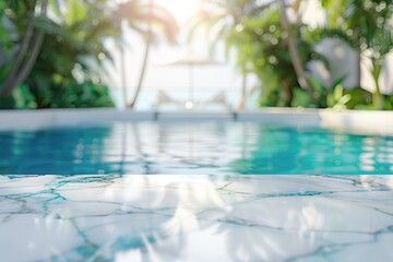 White marble table top with blurred pool background for product display.