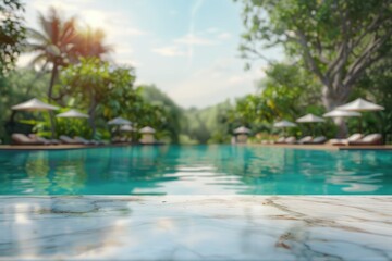 White marble table top with blurred pool background for product display.