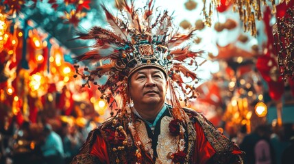 Fototapeta premium A festival-goer dressed in traditional attire, posing against a backdrop of festive red and gold decorations.