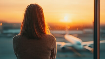 Fototapeta premium A woman gazes out a window at a vibrant sunset, silhouetted against an airport scene with an airplane in the background.