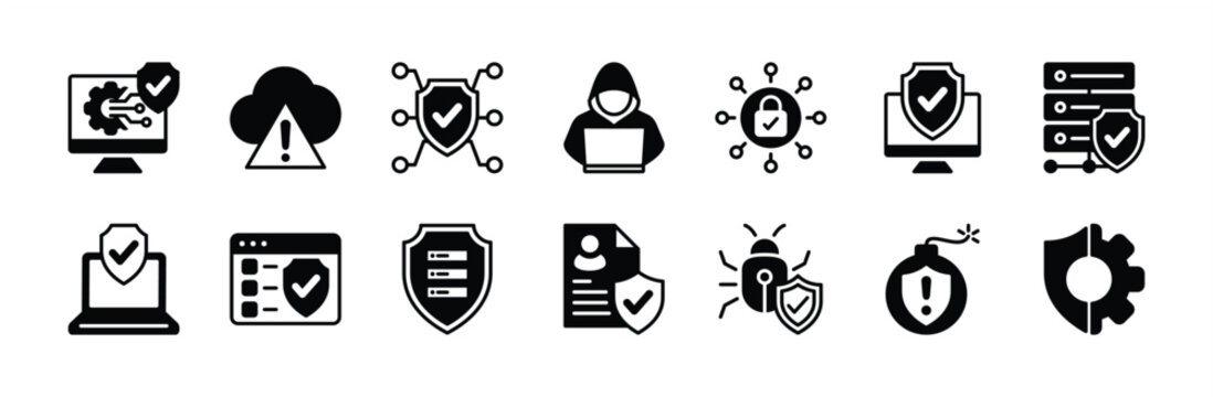 Cyber security technology icon vector set. Containing big data protection, cloud computing, network, hacker, server, website, virus threat, privacy, phishing, browser, bomb, access