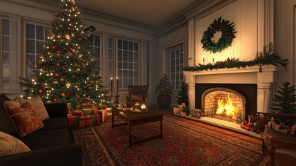 A festive and inviting living room with a large, beautifully decorated Christmas tree, a roaring fireplace, and holiday touches that make it perfect for family gatherings.