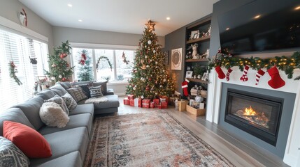 A festive and inviting living room with a large, beautifully decorated Christmas tree, a roaring fireplace, and holiday touches that make it perfect for family gatherings.