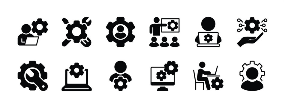 Information technology manager icon vector set. Containing specialist, expert, professional, service, technician, work, engineer, workshop, installer, employee, project