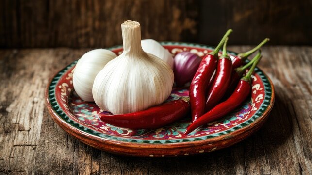 Fresh garlic bulbs, chili peppers, and onions on a colorful ceramic plate against a rustic background.