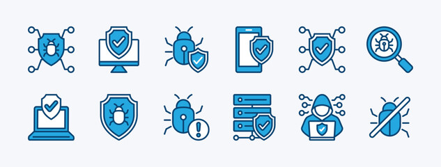 Set of cyber security and data protection technology icon. Containing antivirus, bug, hacker attack, and threats computer. Digital shield, warning, barrier, crime, no, searching. Vector illustration