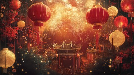 A festive Chinese New Year poster design featuring vibrant red and gold colors, with Chinese lanterns, fireworks, and zodiac animals.