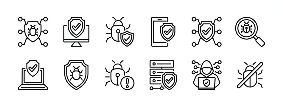 Cyber security and data protection technology thin line icon set. Containing antivirus, bug, hacker attack, and threats computer. Digital shield, warning, barrier, crime, no, and searching vector