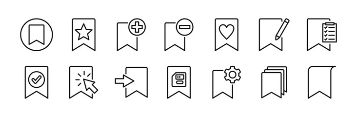 Web page site bookmark thin line icon set. Containing click button, add, remove, star favorite, rename or edit, list, save, settings, enter, copy, primary, open, manager, show. Vector illustration