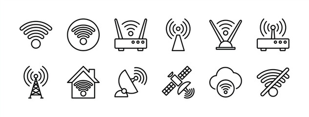 Internet broadband connection technology thin line icon set. Containing wifi button, router, modem, antenna, tower, wireless signal, no connection, satellite dish, network, access. Vector illustration
