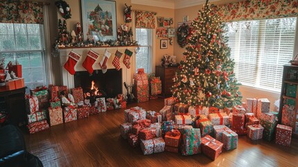 A festive family room with stockings, a glowing fireplace, and a Christmas tree surrounded by brightly wrapped gifts.