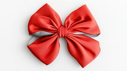 A festive flat lay of a bright red four-loop satin ribbon holiday bow with a gray sheen, beautifully displayed against a white background.