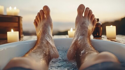 Man Relaxing in a Bubble Bath with Candles at Sunset Spa Treatment Wellness