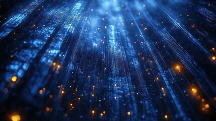 Abstract blue and gold light streaks and particles.