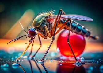 Microscopic Close-up of Mosquito on Blood Droplet - Generative AI Stock Photo