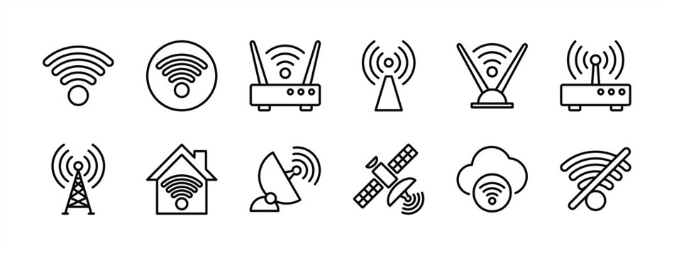 Internet broadband connection technology thin line icon set. Containing wifi button, router, modem, antenna, tower, wireless signal, no connection, satellite dish, network, access. Vector illustration