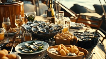 Fototapeta premium A table full of food and drinks, including oysters, is set up on a boat