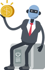 Humanoid Office Worker Character Sitting on Safe and Holding Dollar Coin
