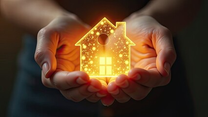 Gold luminous symbol of cozy house In palms of hands with golden glitter. Real estate, realtor, mortgage, insurance, booking, insulation, dream of your own home. 