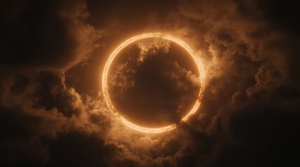 Full moon surrounded by a dramatic halo of clouds, creating an eerie and mystical atmosphere.