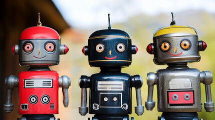 captivating art of three vintage collectible toy robots in a nostalgic lineup featuring painted metal designs in robot photography and toy collecting fandom