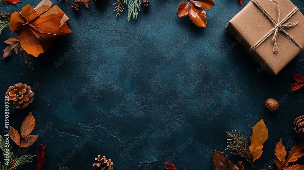 Poster autumn frame composition with gifts, leaves and pine cones on dark background with copy space
